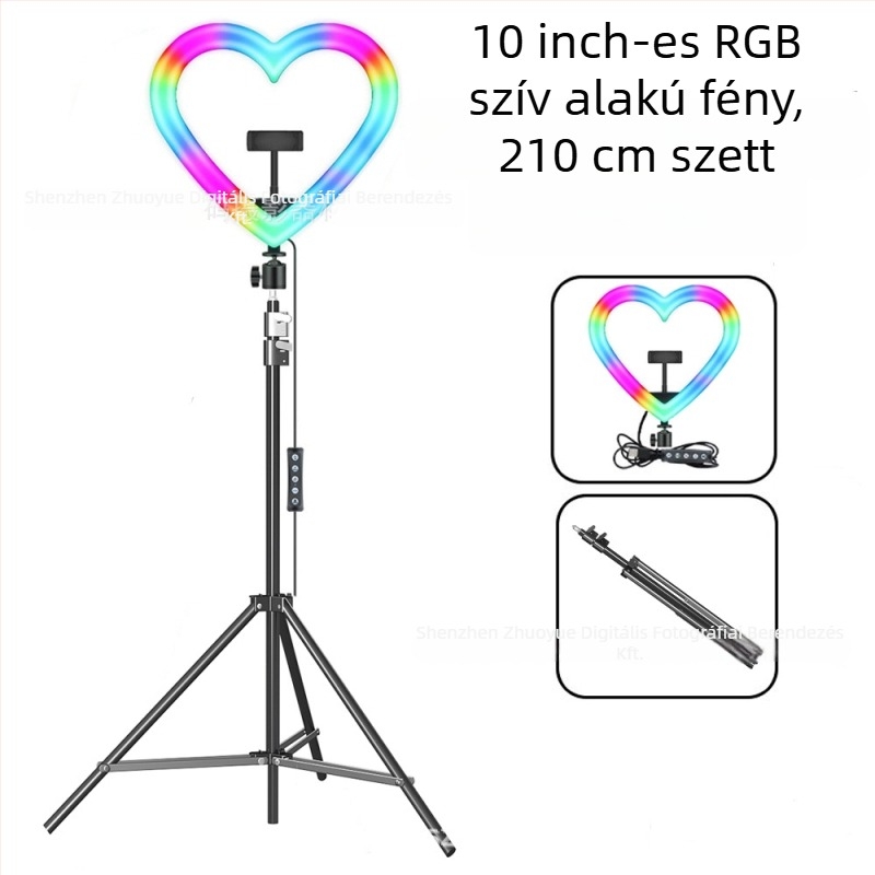 Szív alakú RGB töltőfény asztali tripoddal – LED lámpa szelfihez és élő közvetítéshez, 10W–48W, 5V2A, modellek 1202P, 1802, skálázható, függőleges használat
