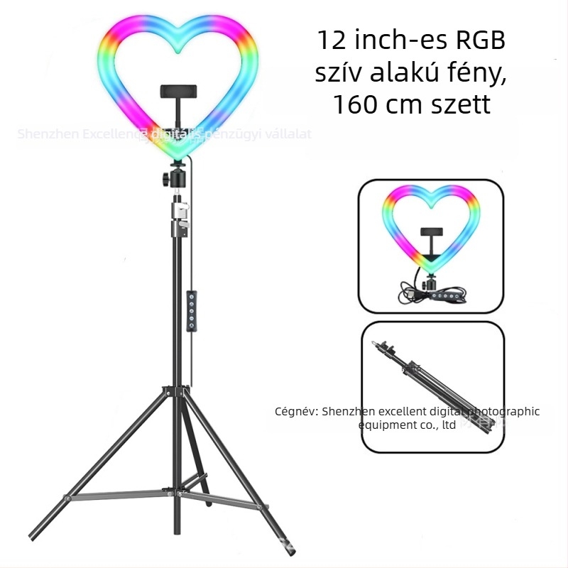 Szív alakú RGB töltőfény asztali tripoddal – LED lámpa szelfihez és élő közvetítéshez, 10W–48W, 5V2A, modellek 1202P, 1802, skálázható, függőleges használat