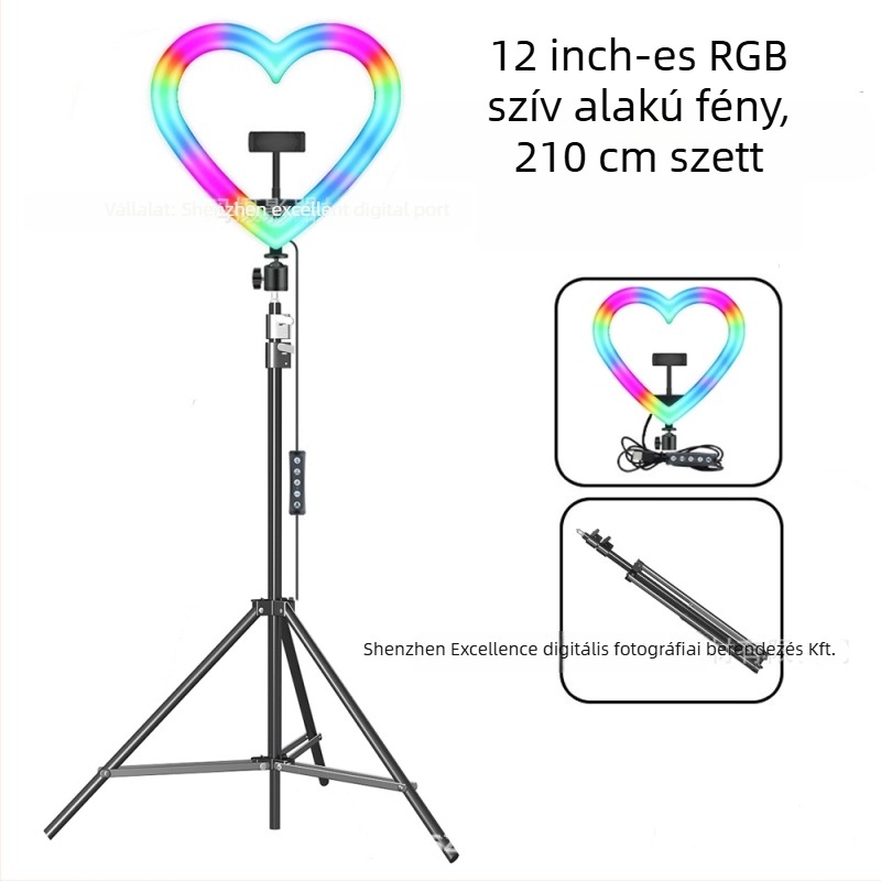 Szív alakú RGB töltőfény asztali tripoddal – LED lámpa szelfihez és élő közvetítéshez, 10W–48W, 5V2A, modellek 1202P, 1802, skálázható, függőleges használat