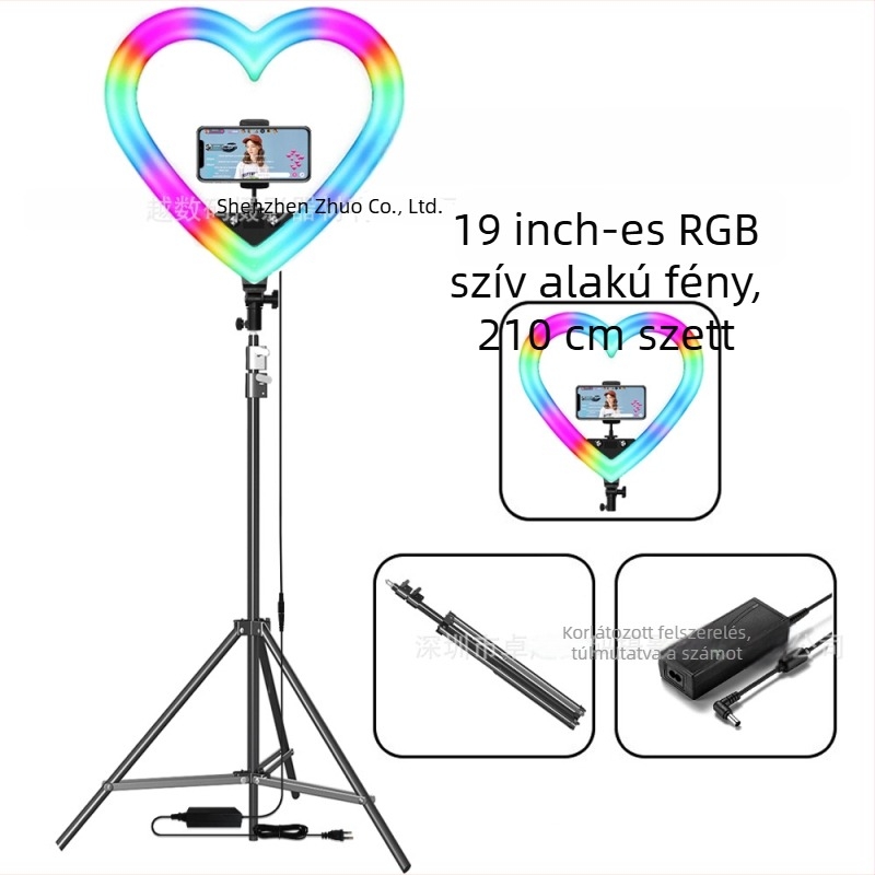 Szív alakú RGB töltőfény asztali tripoddal – LED lámpa szelfihez és élő közvetítéshez, 10W–48W, 5V2A, modellek 1202P, 1802, skálázható, függőleges használat