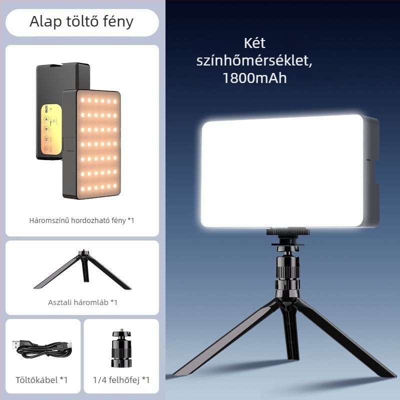 LED töltőfény DSLR-kamerához, kézi és hordozható, három beállítható fényhőmérséklet, kevesebb mint 10 W