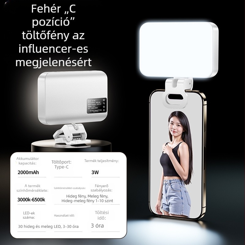 BD102 Kézi Mini Kiegészítő Fény Okostelefonokhoz — 4W LED, 5V, Színhőmérséklet 2500K–9900K, Modell BD102, Élő közvetítésre és Videófelvételre