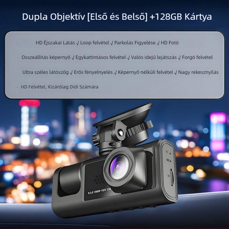 Háromkamerás fedélzeti kamera, 360° panoráma felvétel, infravörös éjszakai látás, 1080p videó, 256GB tárhely