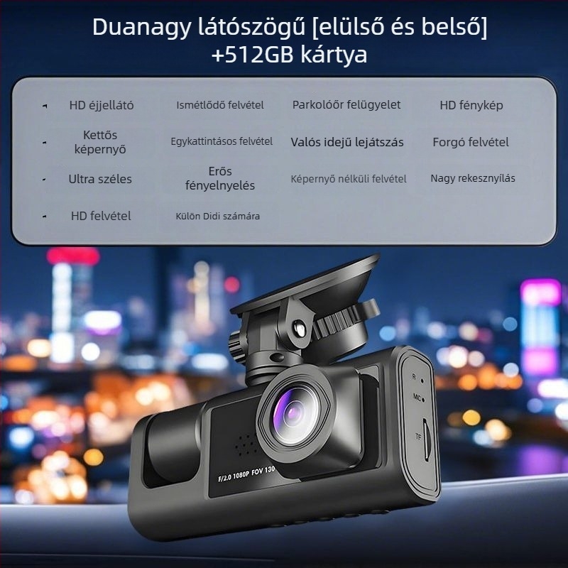 Háromkamerás fedélzeti kamera, 360° panoráma felvétel, infravörös éjszakai látás, 1080p videó, 256GB tárhely