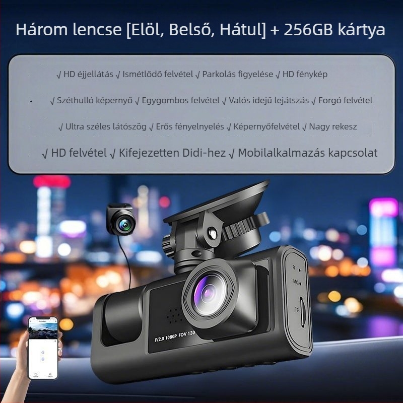 Háromkamerás fedélzeti kamera, 360° panoráma felvétel, infravörös éjszakai látás, 1080p videó, 256GB tárhely