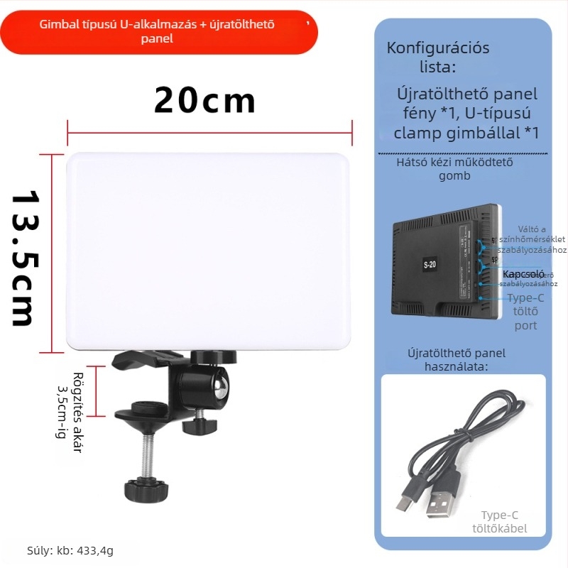 LED kitöltő fény, 10–50W teljesítmény, 5V bemenet, három színhőmérséklet