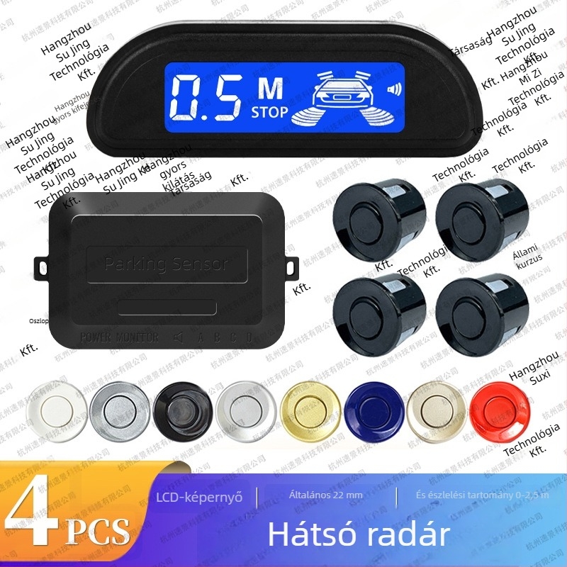 LED hátrameneti radar készlet - 4 szenzor, LED kijelző, sípoló riasztás, 12V, 0,3-2 m érzékelési tartomány