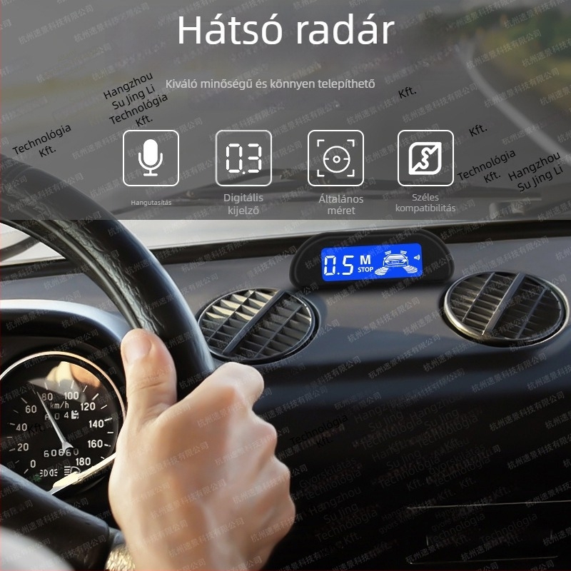 LED hátrameneti radar készlet - 4 szenzor, LED kijelző, sípoló riasztás, 12V, 0,3-2 m érzékelési tartomány