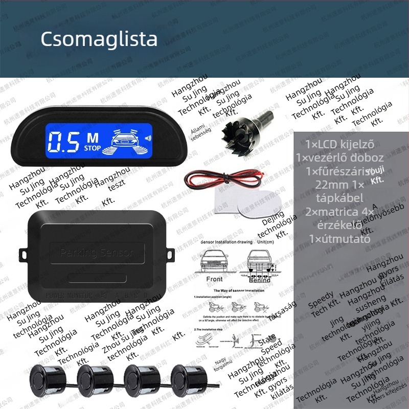 LED hátrameneti radar készlet - 4 szenzor, LED kijelző, sípoló riasztás, 12V, 0,3-2 m érzékelési tartomány