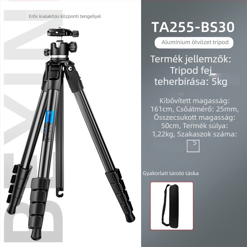 Alumínium ötvözetű háromlábú állvány gömbfejjel, 5 szakaszos, teherbírás 5 kg, gyorskioldó lemez, kompatibilis mirrorless/DSLR kamerákkal