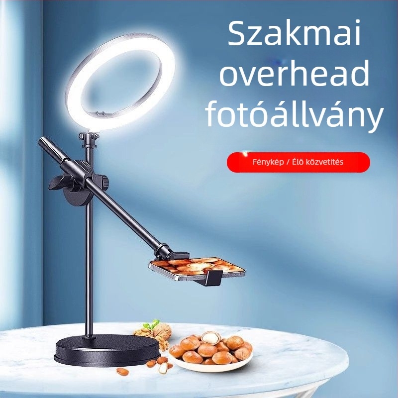 Felső világítást támogató állvány gomba-formájú lámpával, asztali kör alapú alap (360° forgás, ABS/metál konstrukció, fotózáshoz)
