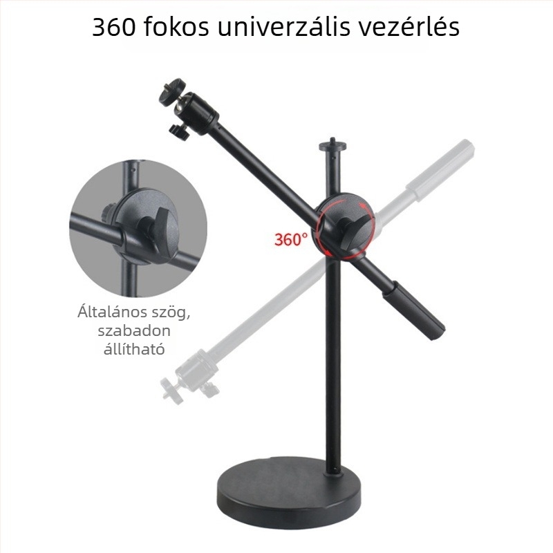 Felső világítást támogató állvány gomba-formájú lámpával, asztali kör alapú alap (360° forgás, ABS/metál konstrukció, fotózáshoz)