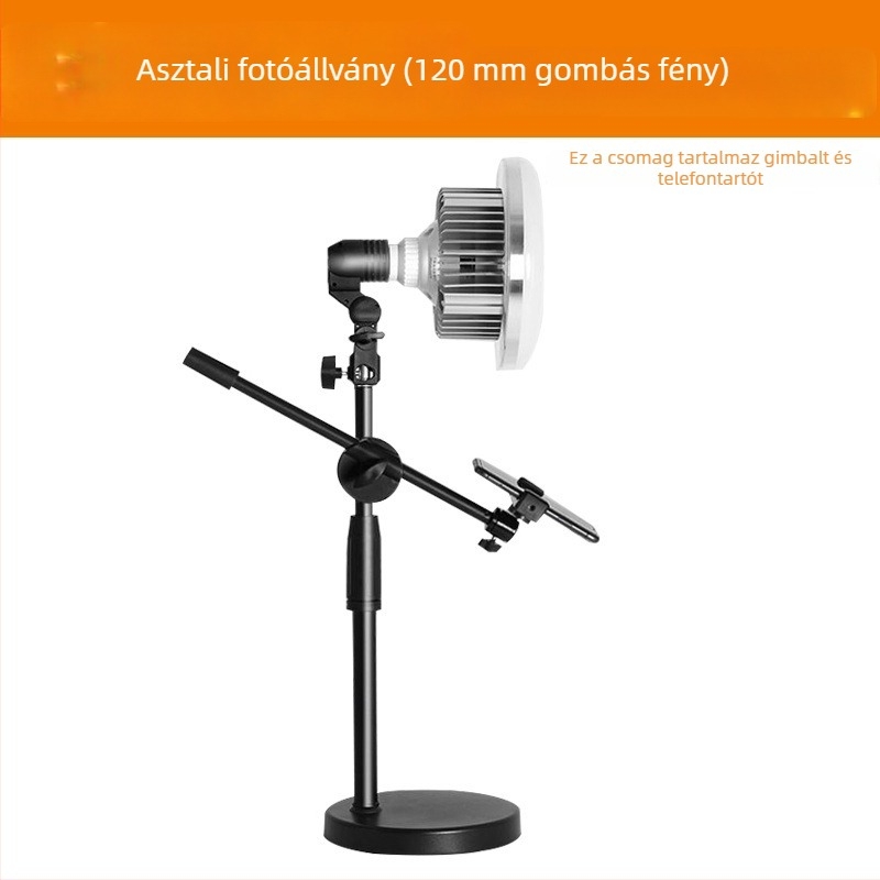 Felső világítást támogató állvány gomba-formájú lámpával, asztali kör alapú alap (360° forgás, ABS/metál konstrukció, fotózáshoz)