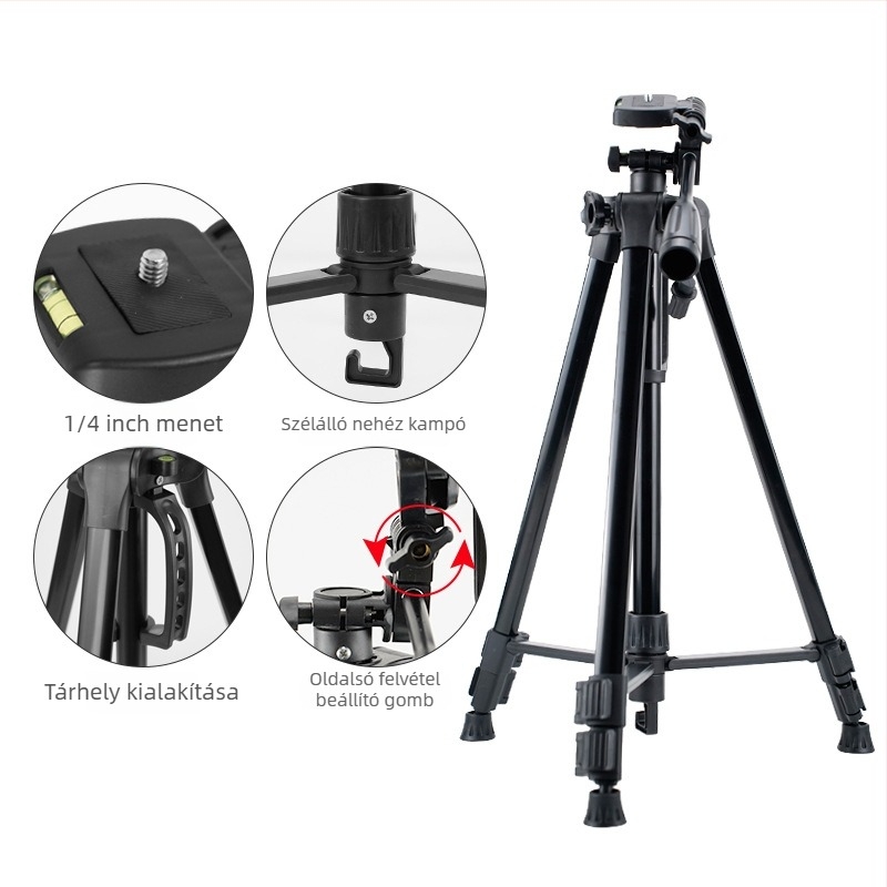 Beno kamera tripod élő közvetítéshez, padlón álló állvány, magasság 1,4 m, teherbírás 3-5 kg, 3-szegmens vascsövek, tömeg 858 g