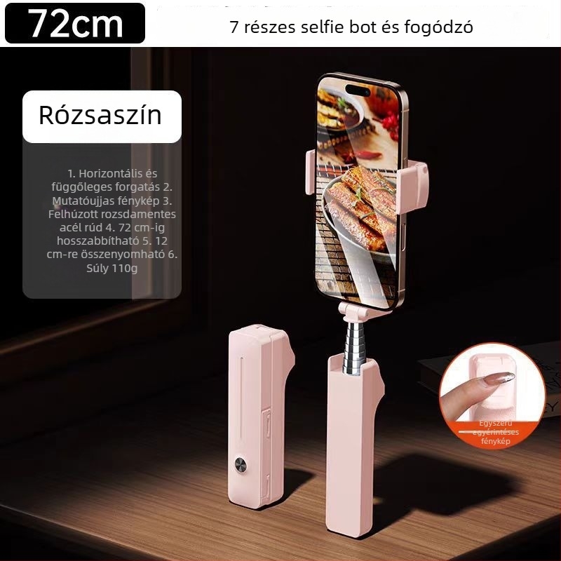 Mini selfies bot anti remegés, kihúzható, 360° forgatható telefon tartó, Bluetooth távirányító