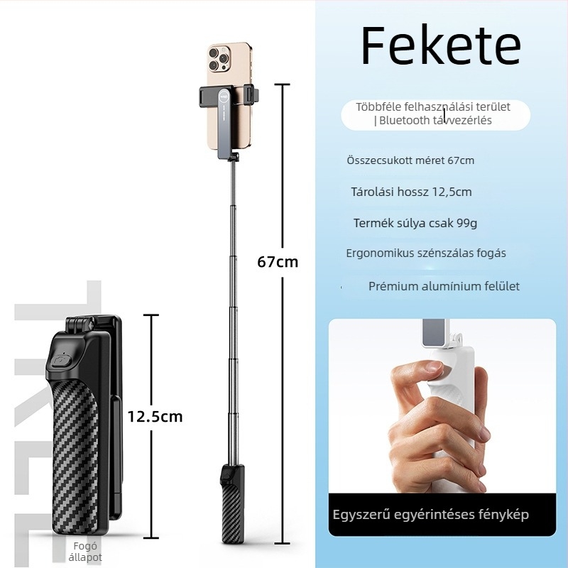 Mini selfies bot anti remegés, kihúzható, 360° forgatható telefon tartó, Bluetooth távirányító