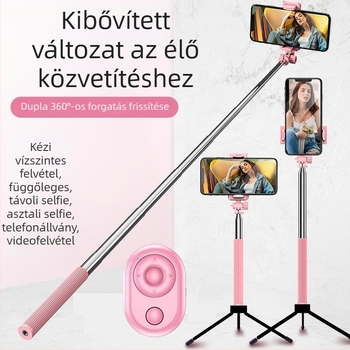 Selfie stick 360°-os forgással és állvánnyal, rozsdamentes acél, Android-kompatibilis, Bluetooth nélkül