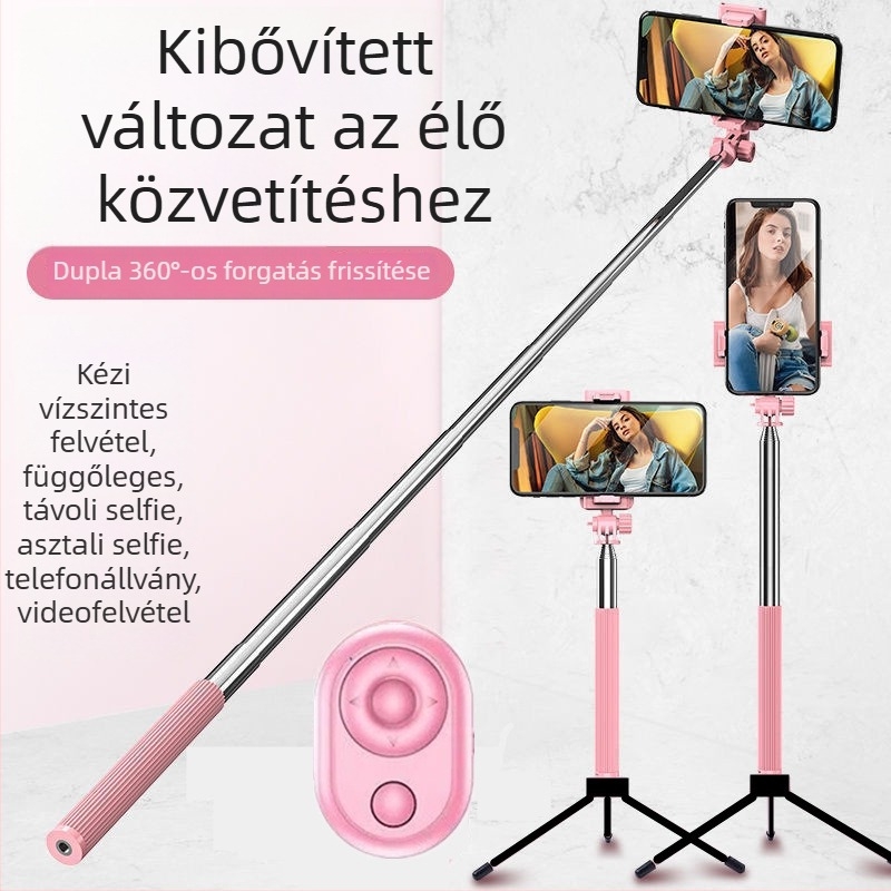 Selfie stick 360°-os forgással és állvánnyal, rozsdamentes acél, Android-kompatibilis, Bluetooth nélkül