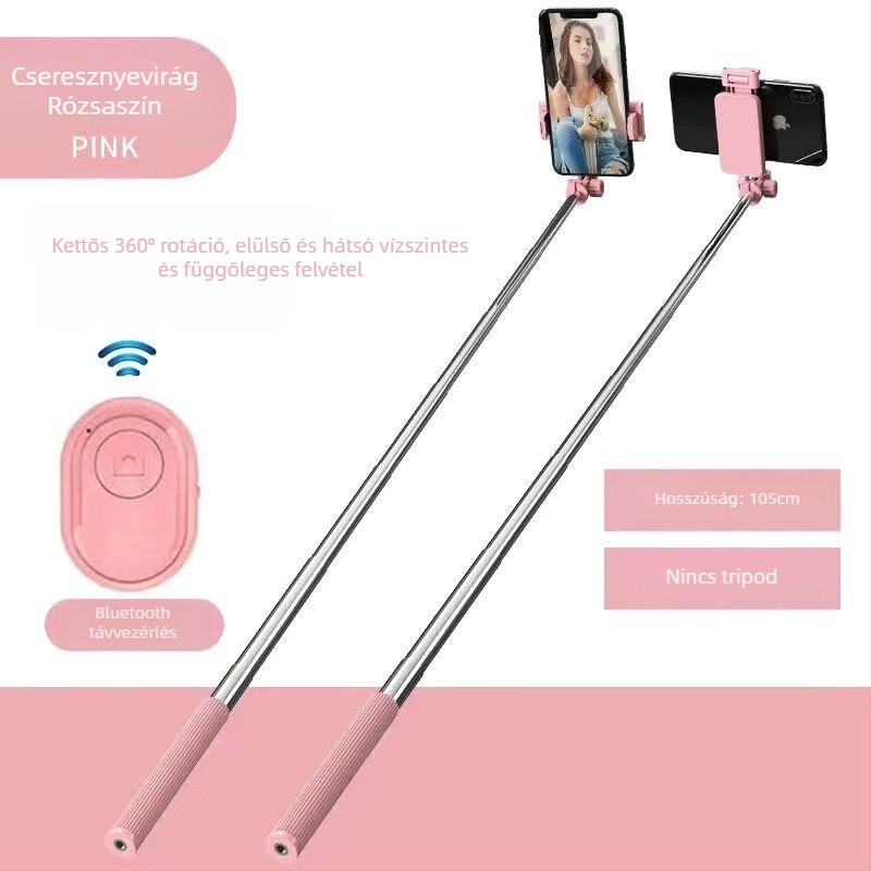 Selfie stick 360°-os forgással és állvánnyal, rozsdamentes acél, Android-kompatibilis, Bluetooth nélkül