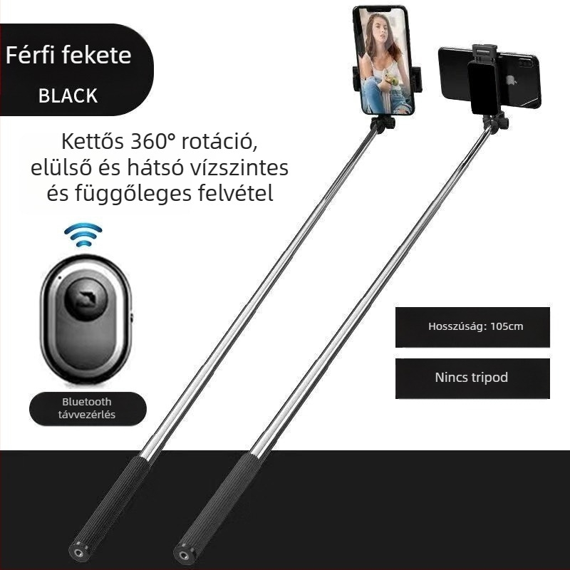 Selfie stick 360°-os forgással és állvánnyal, rozsdamentes acél, Android-kompatibilis, Bluetooth nélkül