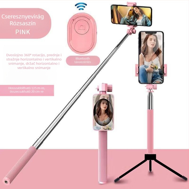 Selfie stick 360°-os forgással és állvánnyal, rozsdamentes acél, Android-kompatibilis, Bluetooth nélkül
