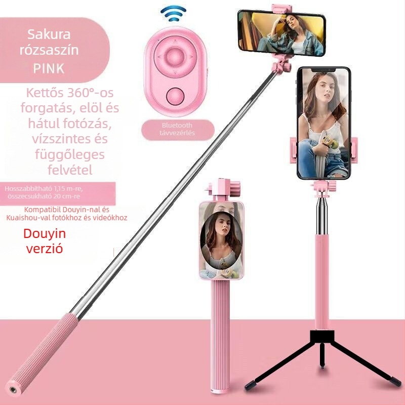 Selfie stick 360°-os forgással és állvánnyal, rozsdamentes acél, Android-kompatibilis, Bluetooth nélkül