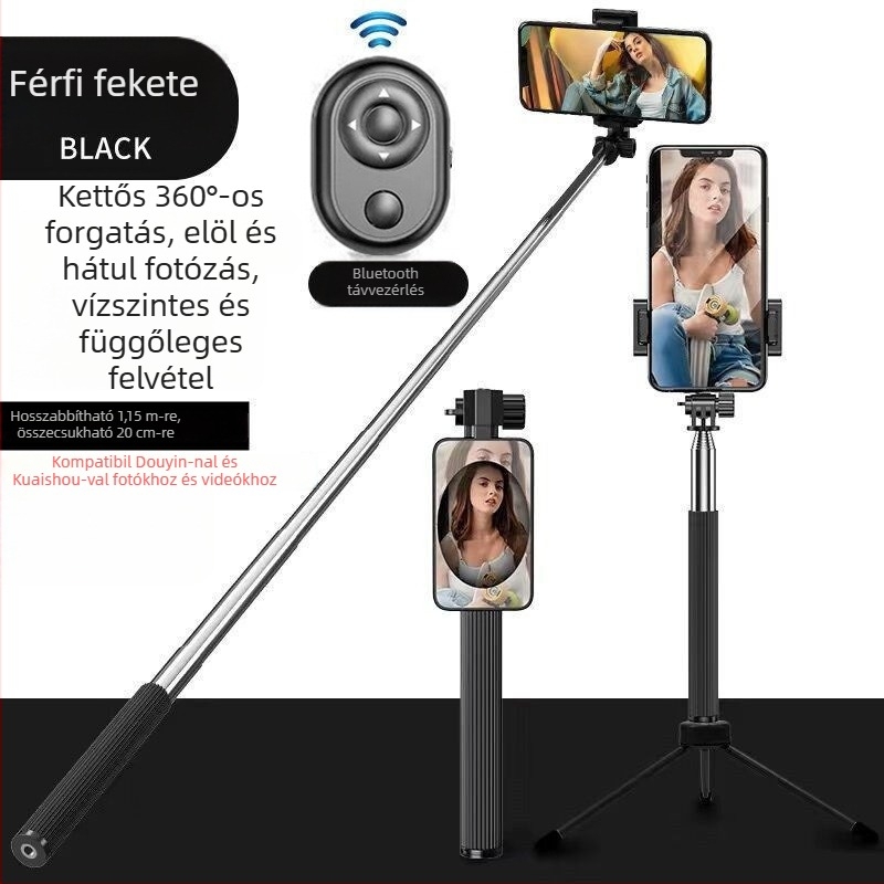 Selfie stick 360°-os forgással és állvánnyal, rozsdamentes acél, Android-kompatibilis, Bluetooth nélkül