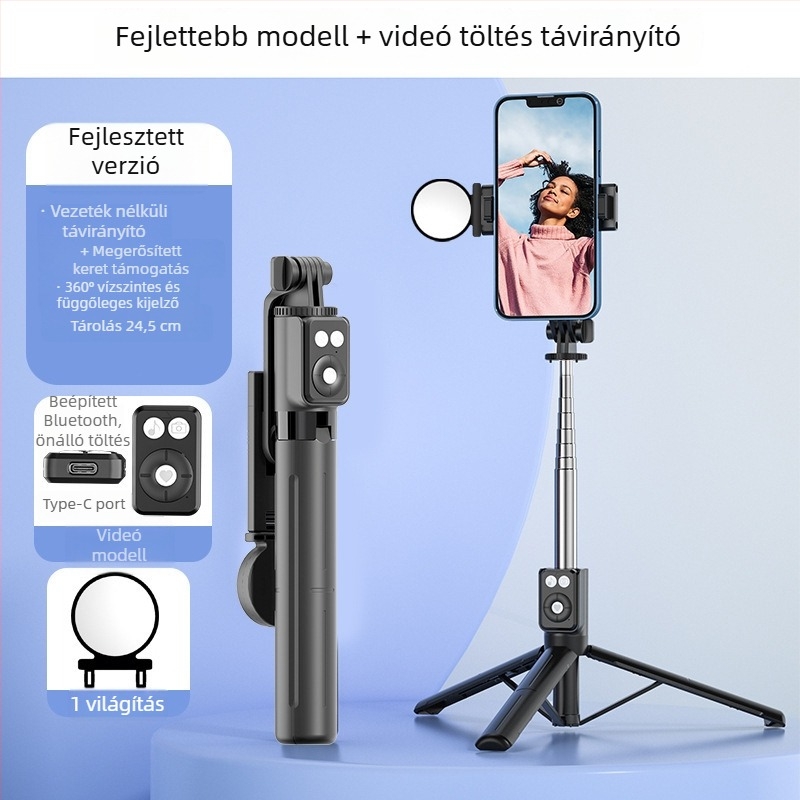 B12s Bluetooth Selfie Bot telefonhoz Kivehető Kitöltő Fénnyel és Asztali Tripoddal