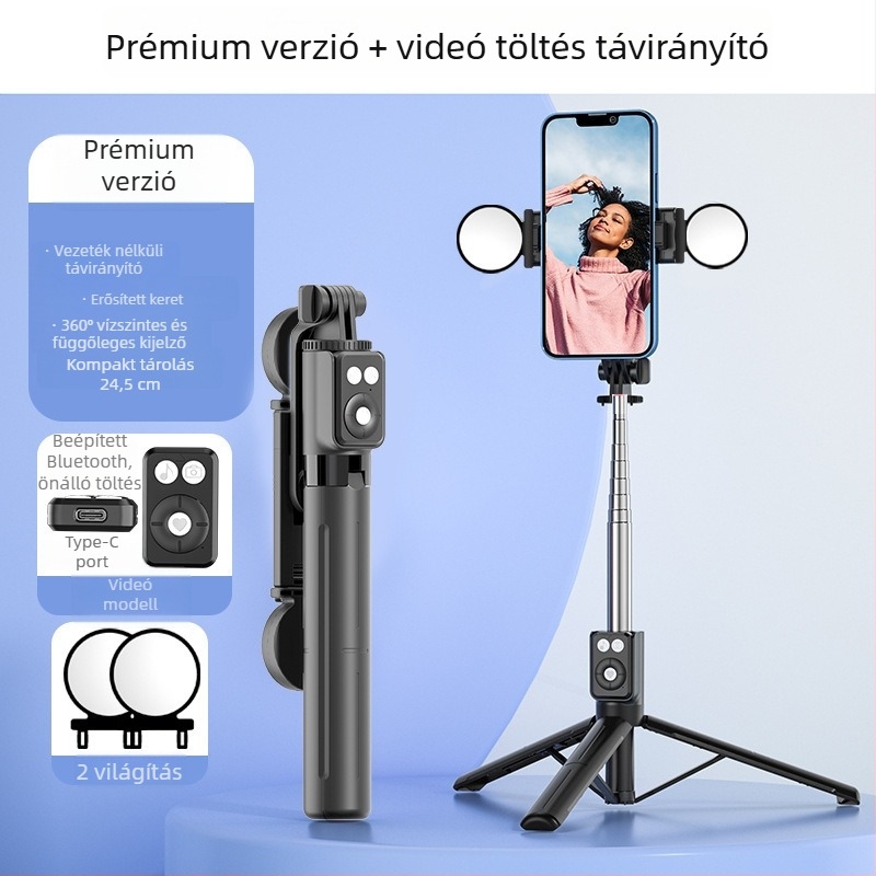 B12s Bluetooth Selfie Bot telefonhoz Kivehető Kitöltő Fénnyel és Asztali Tripoddal