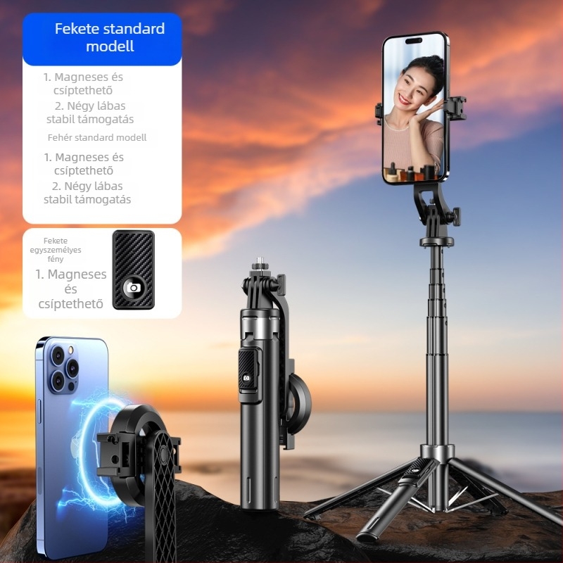 Mágneses selfie bot Bluetooth távirányítóval, négy lábú állvány, töltő fény, ötvözetből készült kivitel