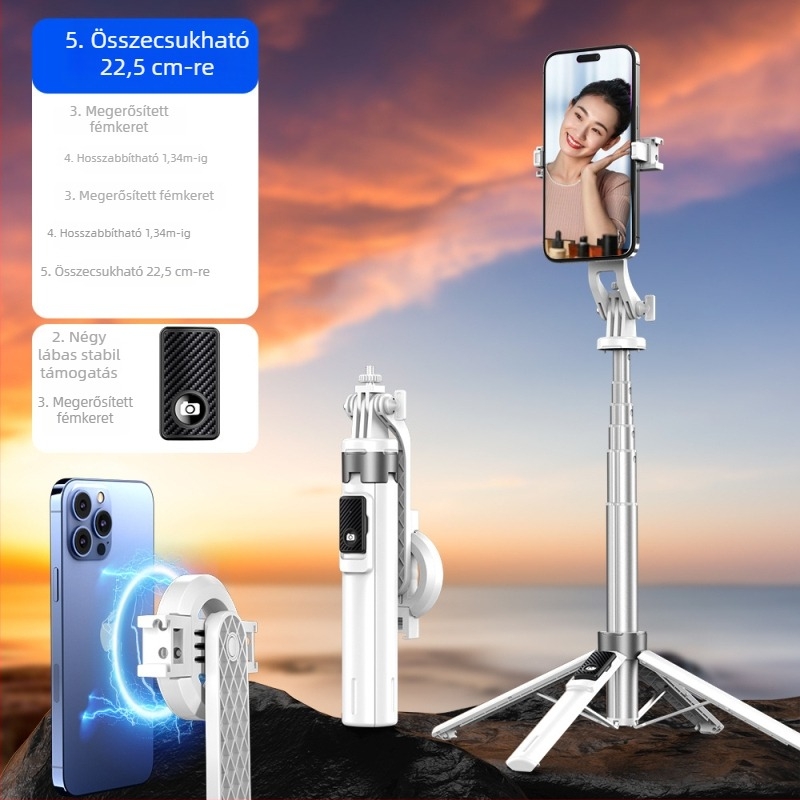 Mágneses selfie bot Bluetooth távirányítóval, négy lábú állvány, töltő fény, ötvözetből készült kivitel