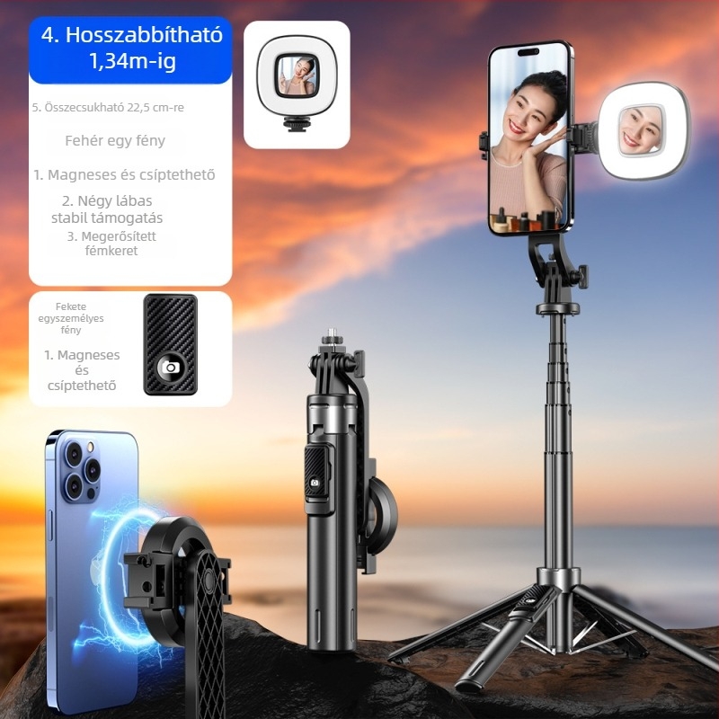 Mágneses selfie bot Bluetooth távirányítóval, négy lábú állvány, töltő fény, ötvözetből készült kivitel