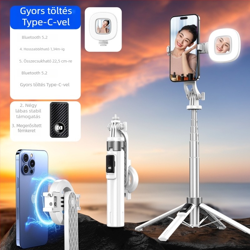 Mágneses selfie bot Bluetooth távirányítóval, négy lábú állvány, töltő fény, ötvözetből készült kivitel