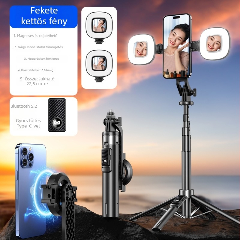 Mágneses selfie bot Bluetooth távirányítóval, négy lábú állvány, töltő fény, ötvözetből készült kivitel