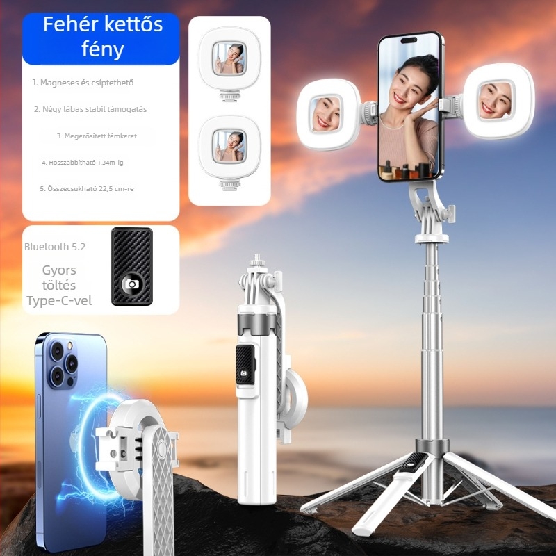 Mágneses selfie bot Bluetooth távirányítóval, négy lábú állvány, töltő fény, ötvözetből készült kivitel