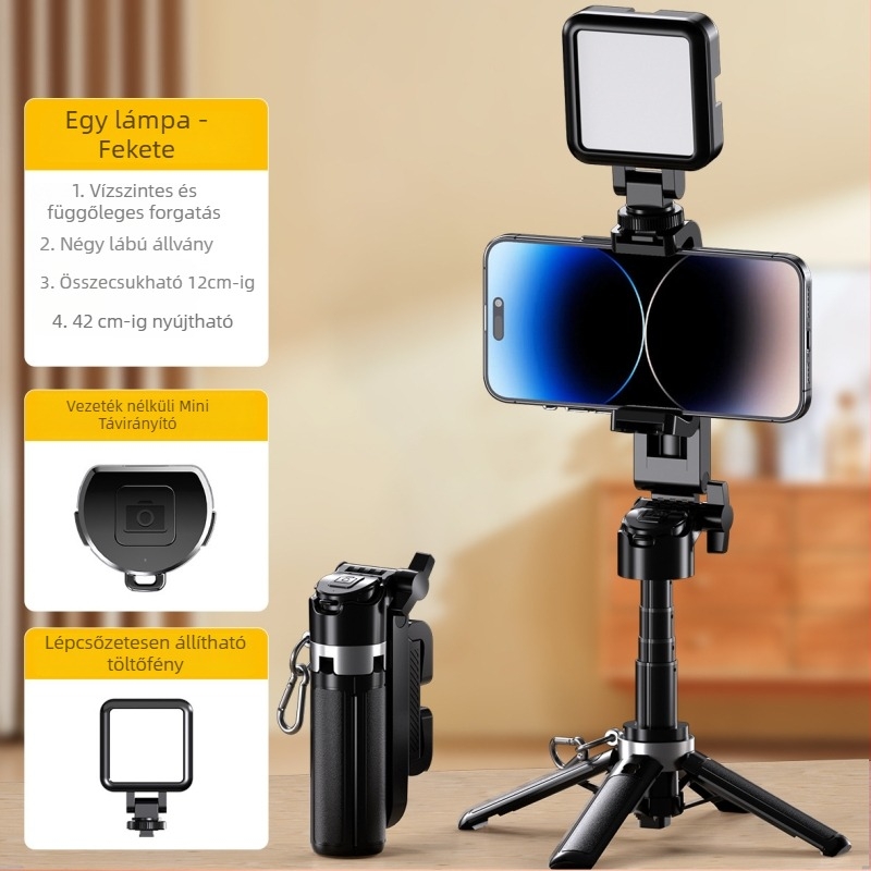M1 Mini Selfie Bot, kihúzható, Bluetooth távirányítóval, rezgéscsillapítás, beépített világítás, asztali livestream tartó