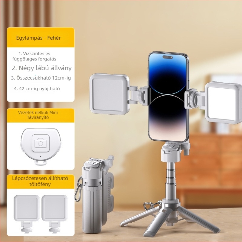 M1 Mini Selfie Bot, kihúzható, Bluetooth távirányítóval, rezgéscsillapítás, beépített világítás, asztali livestream tartó