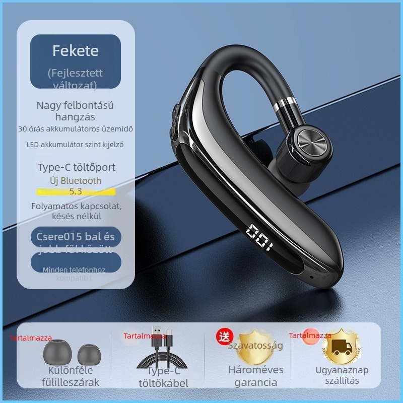 Vezetőknek szánt vezeték nélküli Bluetooth fülhallgató egy fülre, kampóval, BT 2.0, 0–4 órás üzemidő, sportos stílus, mindennapi vízállóság.
