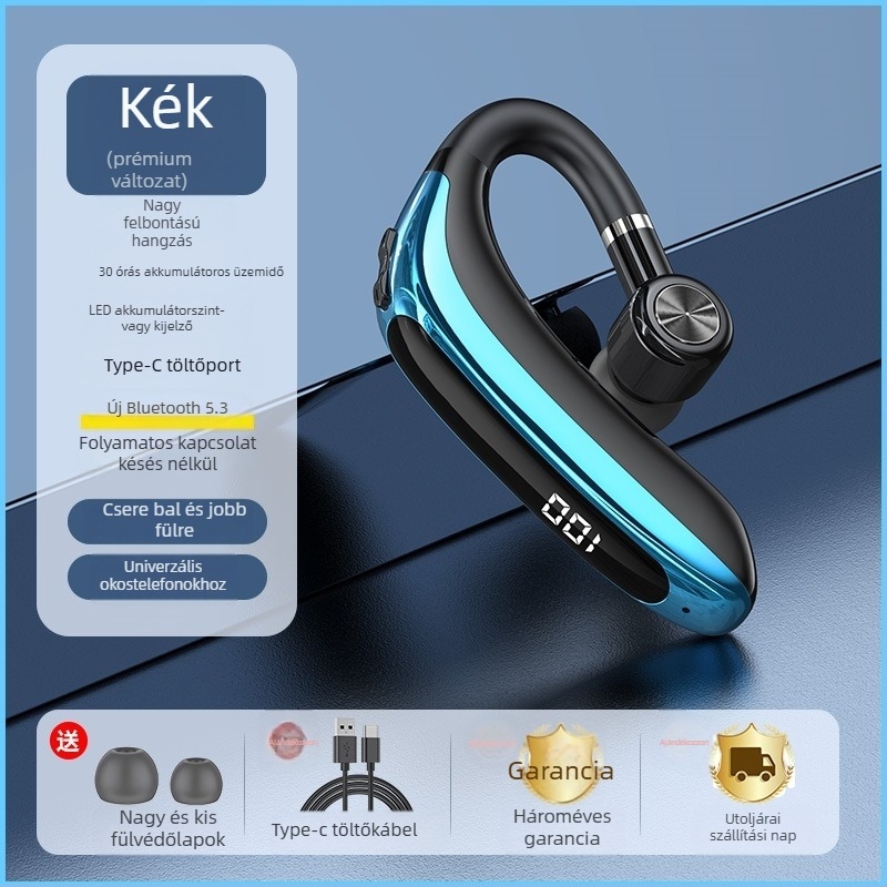 Vezetőknek szánt vezeték nélküli Bluetooth fülhallgató egy fülre, kampóval, BT 2.0, 0–4 órás üzemidő, sportos stílus, mindennapi vízállóság.