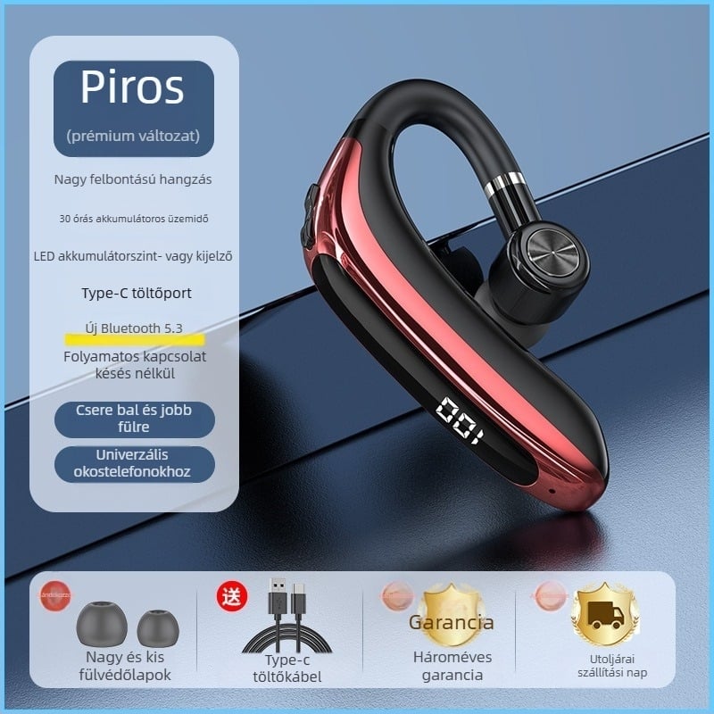 Vezetőknek szánt vezeték nélküli Bluetooth fülhallgató egy fülre, kampóval, BT 2.0, 0–4 órás üzemidő, sportos stílus, mindennapi vízállóság.