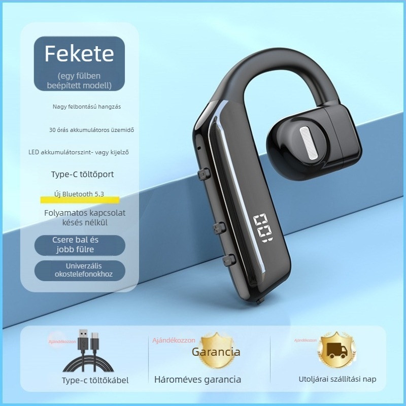 Vezetőknek szánt vezeték nélküli Bluetooth fülhallgató egy fülre, kampóval, BT 2.0, 0–4 órás üzemidő, sportos stílus, mindennapi vízállóság.