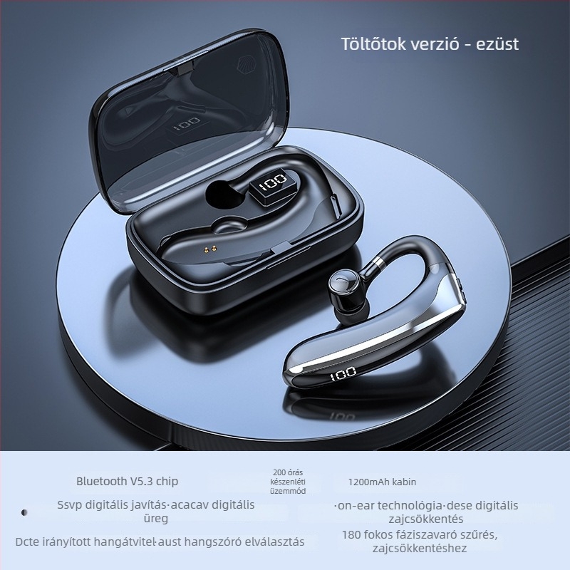 Vezetőknek szánt vezeték nélküli Bluetooth fülhallgató egy fülre, kampóval, BT 2.0, 0–4 órás üzemidő, sportos stílus, mindennapi vízállóság.