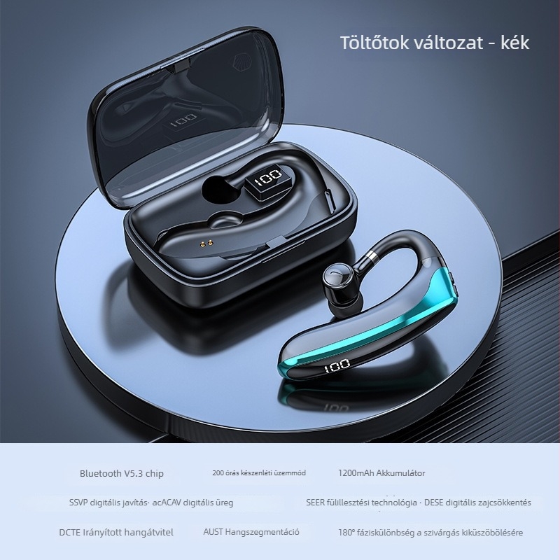 Vezetőknek szánt vezeték nélküli Bluetooth fülhallgató egy fülre, kampóval, BT 2.0, 0–4 órás üzemidő, sportos stílus, mindennapi vízállóság.