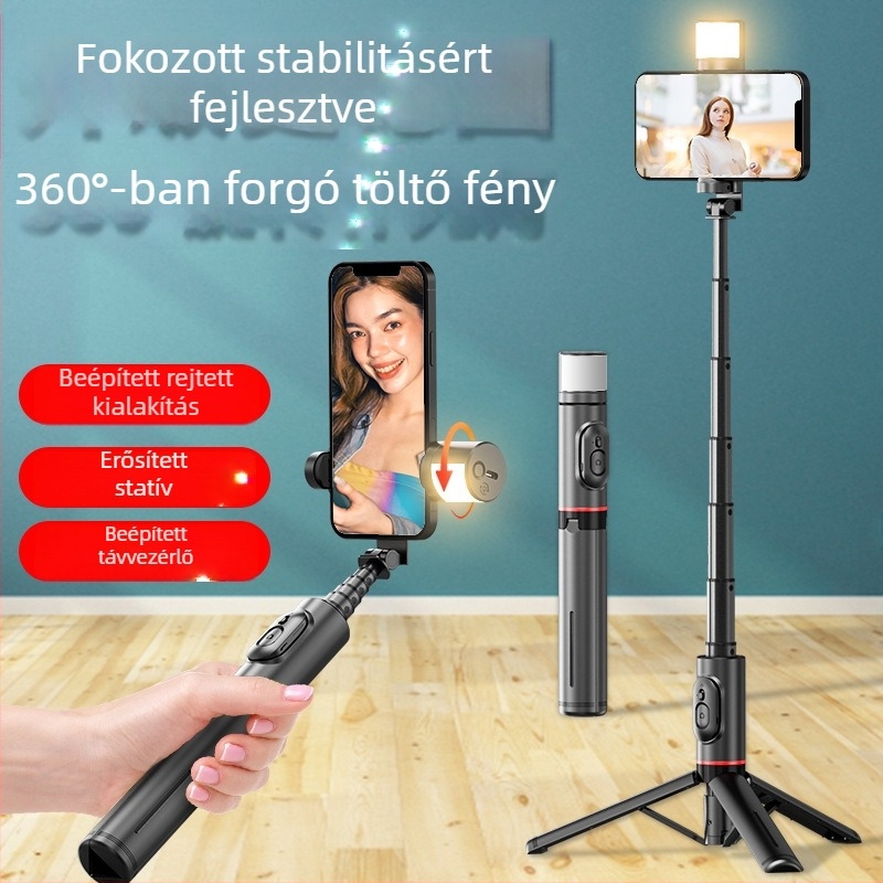 Q12S okostelefon-triPod Bluetooth selfie bot, forgó fény, alumíniumötvözet, távirányító