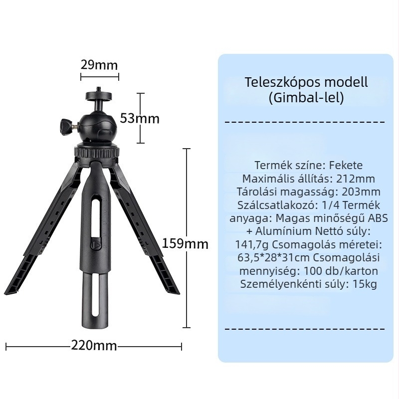 Telefon tripod állvány, univerzális stílus, teleszkópos és összecsukható, műanyag kivitel, testreszabás támogatott