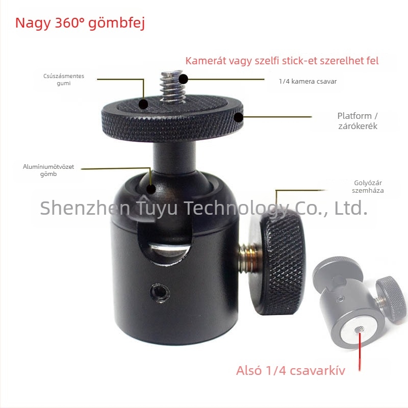 Alumíniumötvözetű 360° pan/tilt gömbfej 1/4-inch csavarral a tripódokhoz és más 1/4-inch interfész eszközökhöz (Model T025)