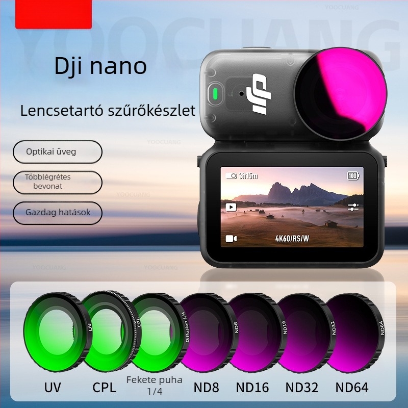 Yoocuang szűrő készlet DJI Osmo Nano-hoz: ND64, CPL, UV és PL szűrők; konstrukció alumíniumötvözet és üveg