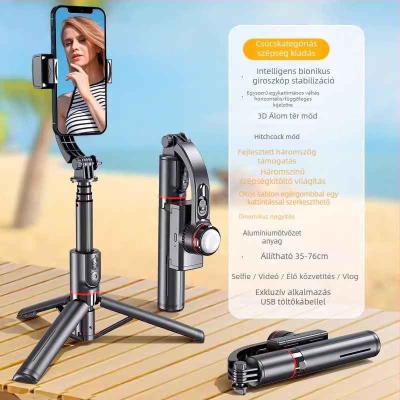 Cyke okostelefon-stabilizátor összecsukható gimballal, selfie állvány anti-vibráció, LED világítás, Bluetooth távirányító