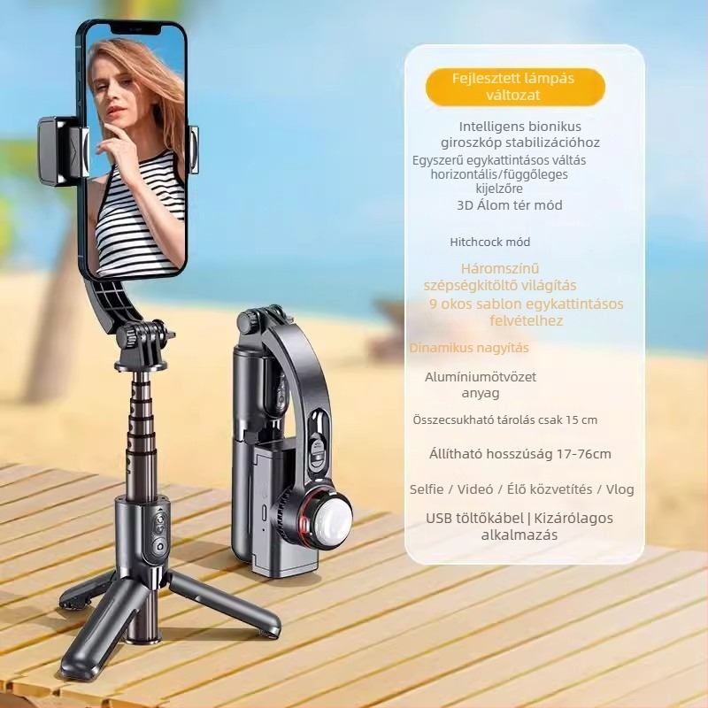 Cyke okostelefon-stabilizátor összecsukható gimballal, selfie állvány anti-vibráció, LED világítás, Bluetooth távirányító