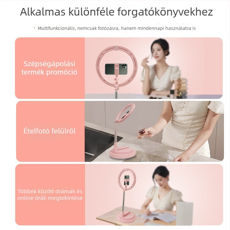 Összecsukható LED gyűrű lámpa élő közvetítésre és fényképezésre, három színhőmérséklet, 2W teljesítmény, DC5V feszültség, modell Cs-12-CLED-2, asztali állvány